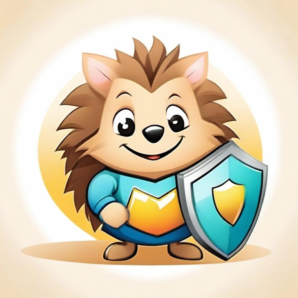 A high-quality cartoon image of a cute hedgehog with a shield