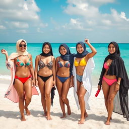 A stunning beach scene featuring a group of diverse Muslim girls confidently wearing fashionable swimwear, such as colorful bikinis, with fashionable cover-ups