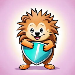 A high-quality cartoon image of a cute hedgehog with a shield