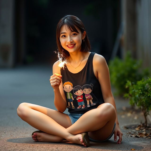 A beautiful Korean woman wearing a black tank top featuring characters from Upin & Ipin, paired with shorts and flip-flops