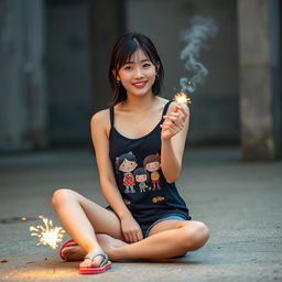 A beautiful Korean woman wearing a black tank top featuring characters from Upin & Ipin, paired with shorts and flip-flops