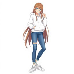 A tall and beautiful anime model with long hair, wearing a white hoodie sweater, blue jeans, and white sneakers