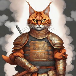 A digital art of a cool-looking orange samurai cat, clad in traditional armor, casually smoking a cigarette