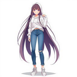 A tall and beautiful anime model with long hair, wearing a white hoodie sweater, blue jeans, and white sneakers