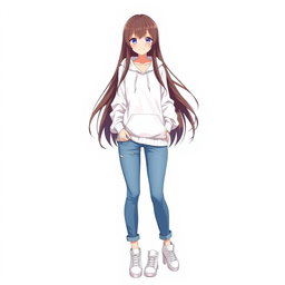 A tall and beautiful anime model with long hair, wearing a white hoodie sweater, blue jeans, and white sneakers
