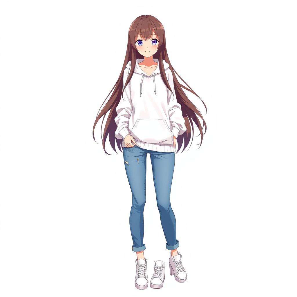 A tall and beautiful anime model with long hair, wearing a white hoodie sweater, blue jeans, and white sneakers