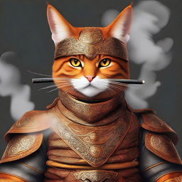 A digital art of a cool-looking orange samurai cat, clad in traditional armor, casually smoking a cigarette