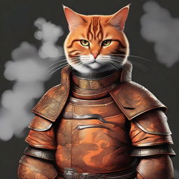 A digital art of a cool-looking orange samurai cat, clad in traditional armor, casually smoking a cigarette