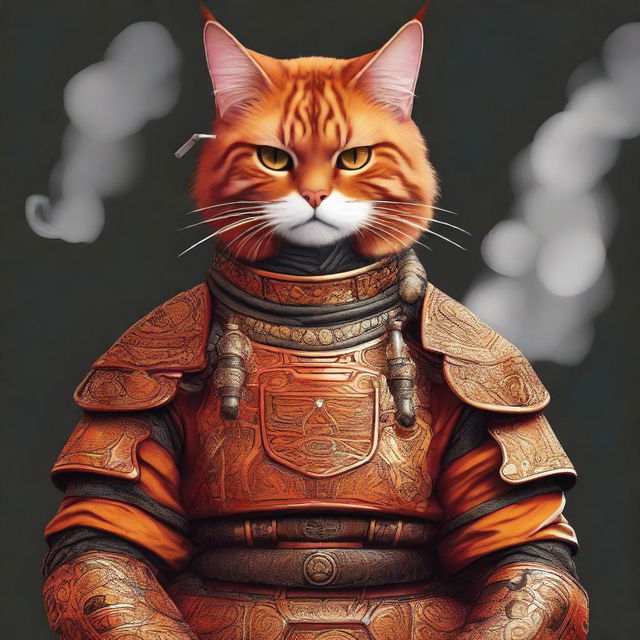 A digital art of a cool-looking orange samurai cat, clad in traditional armor, casually smoking a cigarette