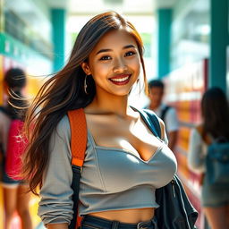 A beautiful Filipina girl with exceptionally large breasts, radiating charm and playfulness