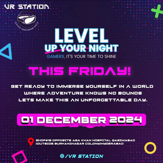 A colorful promotional poster for a gaming event hosted by VR Station