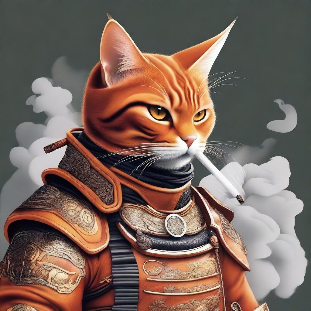 A high-quality digital art piece depicting an orange cat in samurai armor, nonchalantly smoking a cigarette held in its mouth