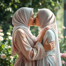 A beautiful artistic representation of two Muslim women engaging in a tender kiss, their expressions conveying love and intimacy