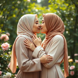 A beautiful artistic representation of two Muslim women engaging in a tender kiss, their expressions conveying love and intimacy