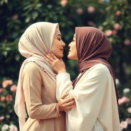 A beautiful artistic representation of two Muslim women engaging in a tender kiss, their expressions conveying love and intimacy