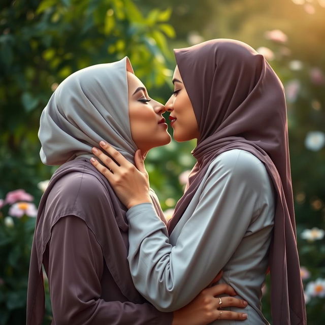 A beautiful artistic representation of two Muslim women engaging in a tender kiss, their expressions conveying love and intimacy