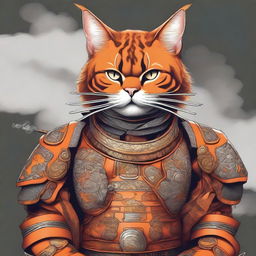 A high-quality digital art piece depicting an orange cat in samurai armor, nonchalantly smoking a cigarette held in its mouth