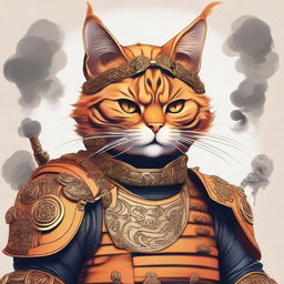 A high-quality digital art piece depicting an orange cat in samurai armor, nonchalantly smoking a cigarette held in its mouth