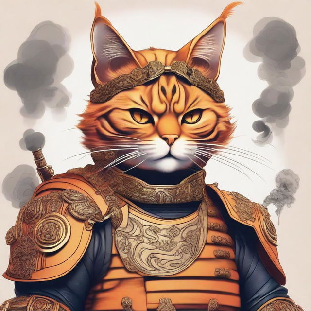 A high-quality digital art piece depicting an orange cat in samurai armor, nonchalantly smoking a cigarette held in its mouth