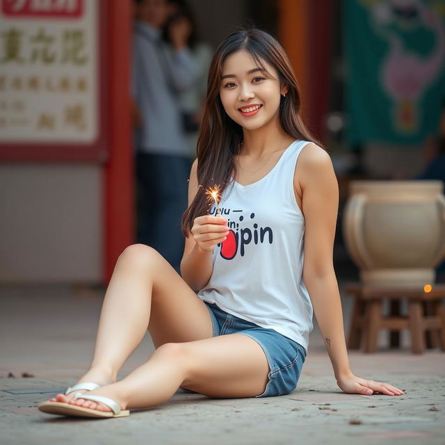 A beautiful Korean woman wearing a white tank top with an Upin-Ipin graphic, paired with denim shorts and flip-flops, sitting on the ground facing the camera