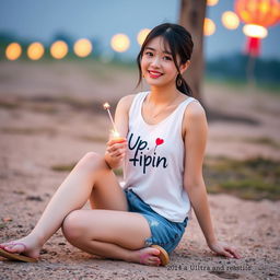 A beautiful Korean woman wearing a white tank top with an Upin-Ipin graphic, paired with denim shorts and flip-flops, sitting on the ground facing the camera