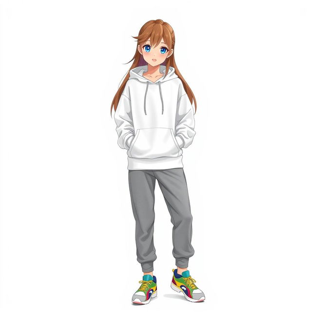 A tall and beautiful anime model standing against a white background, wearing a white hoodie sweater, gray sweatpants, and colorful sneakers