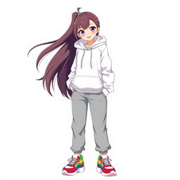 A tall and beautiful anime model standing against a white background, wearing a white hoodie sweater, gray sweatpants, and colorful sneakers
