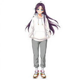 A tall and beautiful anime model standing against a white background, wearing a white hoodie sweater, gray sweatpants, and colorful sneakers