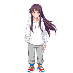 A tall and beautiful anime model standing against a white background, wearing a white hoodie sweater, gray sweatpants, and colorful sneakers
