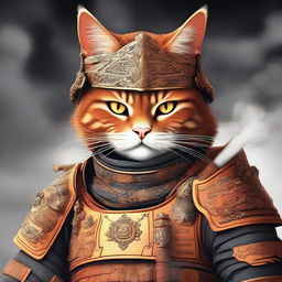 A high-quality digital art piece depicting an orange cat in samurai armor, nonchalantly smoking a cigarette held in its mouth