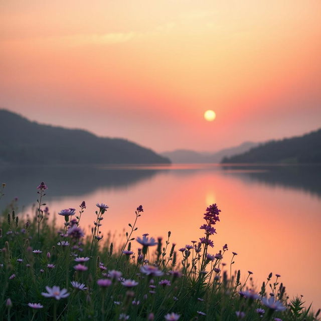 A beautiful, serene landscape featuring a calm lake reflecting the soft colors of the sunset