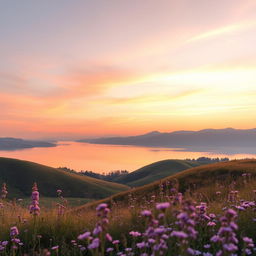 A beautiful, serene landscape featuring a calm lake reflecting the soft colors of the sunset