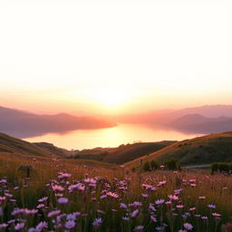 A beautiful, serene landscape featuring a calm lake reflecting the soft colors of the sunset