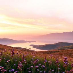 A beautiful, serene landscape featuring a calm lake reflecting the soft colors of the sunset