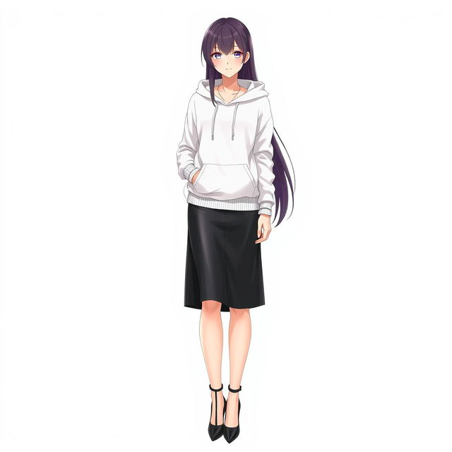 A tall and beautiful anime-style female model standing against a white background