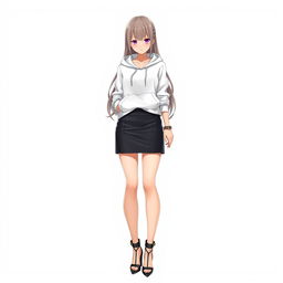 A tall and beautiful anime-style female model standing against a white background