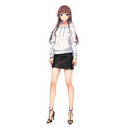A tall and beautiful anime-style female model standing against a white background