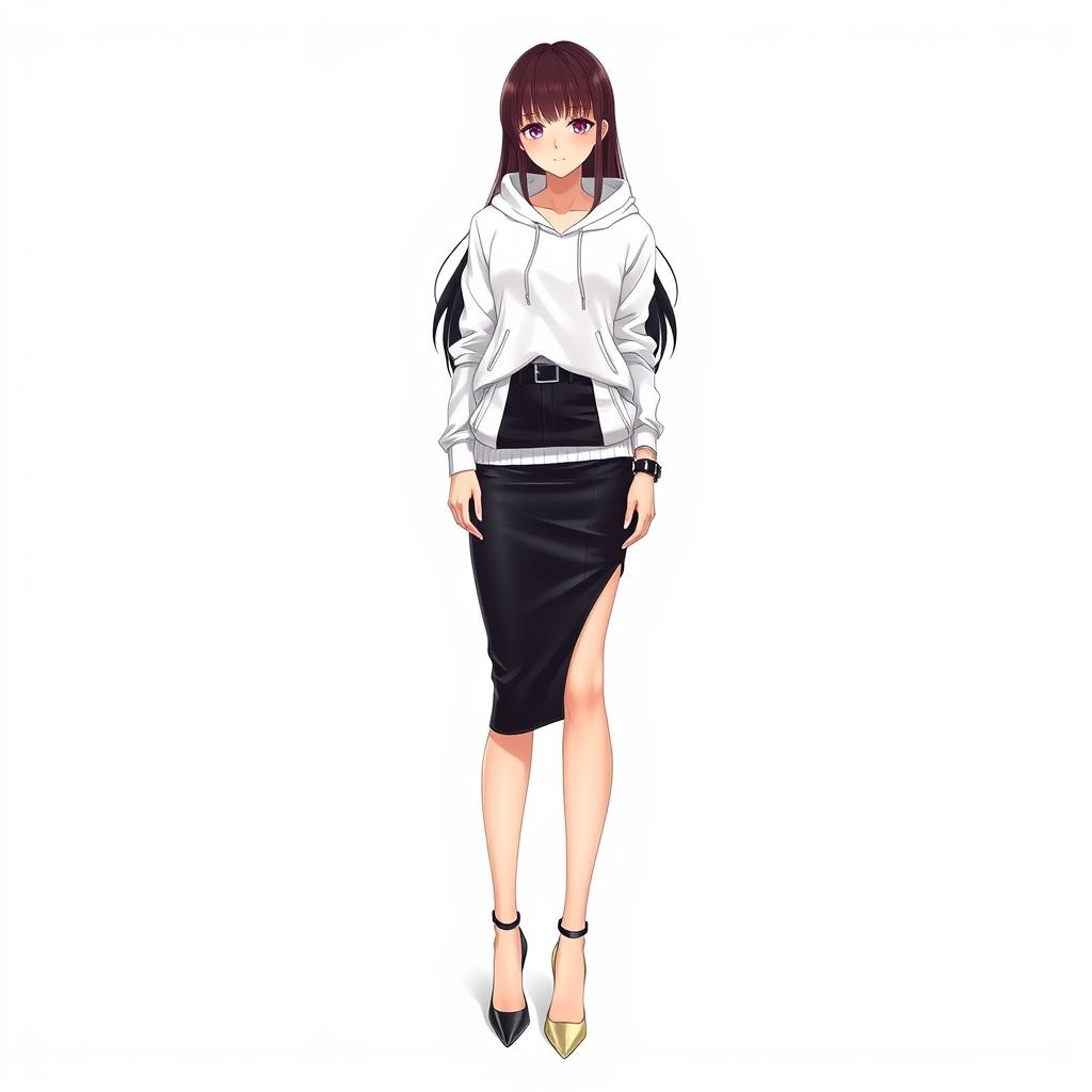 A tall and beautiful anime-style female model standing against a white background