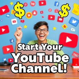 A vibrant YouTube thumbnail showcasing an enthusiastic person sitting at a desk with a laptop, surrounded by colorful graphics and social media icons
