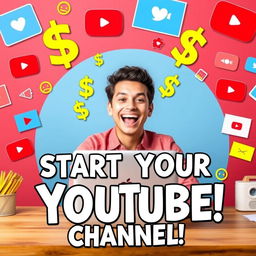 A vibrant YouTube thumbnail showcasing an enthusiastic person sitting at a desk with a laptop, surrounded by colorful graphics and social media icons