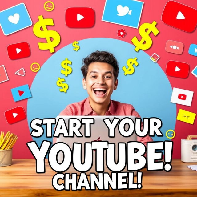 A vibrant YouTube thumbnail showcasing an enthusiastic person sitting at a desk with a laptop, surrounded by colorful graphics and social media icons