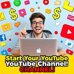 A vibrant YouTube thumbnail showcasing an enthusiastic person sitting at a desk with a laptop, surrounded by colorful graphics and social media icons