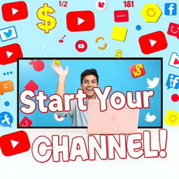 A vibrant YouTube thumbnail showcasing an enthusiastic person sitting at a desk with a laptop, surrounded by colorful graphics and social media icons