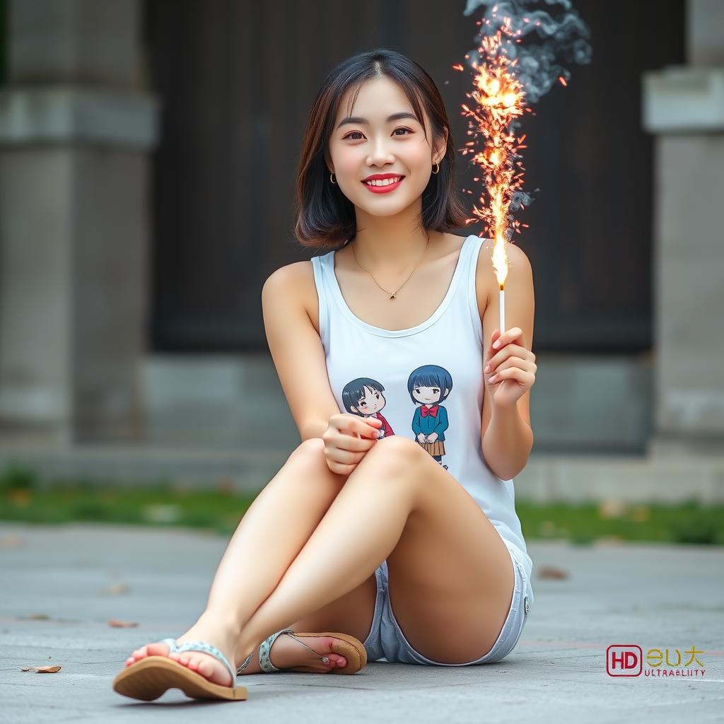 A beautiful Korean woman wearing a white tank top, with an illustration of Upin and Ipin on it