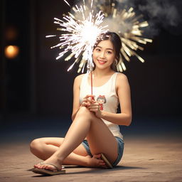 A beautiful Korean woman wearing a white tank top, with an illustration of Upin and Ipin on it