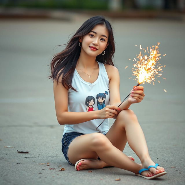 A beautiful Korean woman wearing a white tank top, with an illustration of Upin and Ipin on it