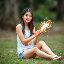 A beautiful Korean woman wearing a white tank top, with an illustration of Upin and Ipin on it