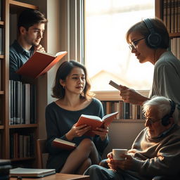 A captivating photo showcasing different types of introverted individuals in a serene library setting