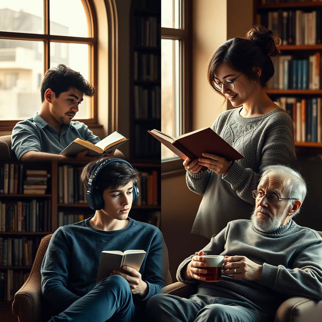 A captivating photo showcasing different types of introverted individuals in a serene library setting