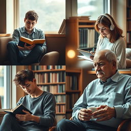 A captivating photo showcasing different types of introverted individuals in a serene library setting
